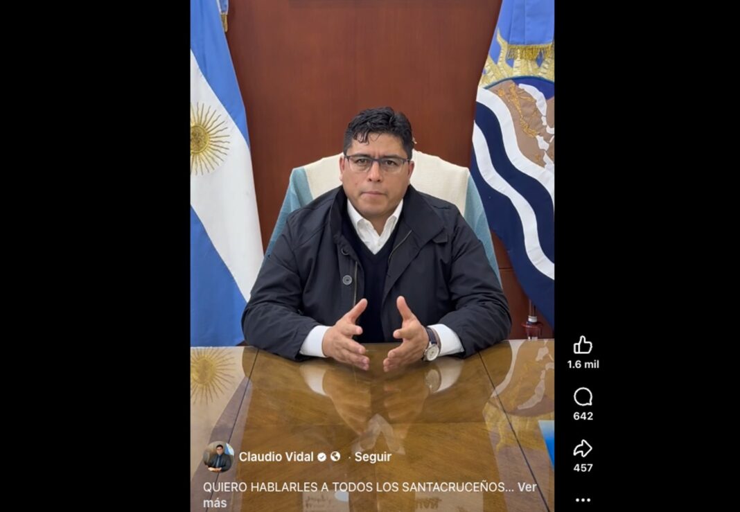 Gobernador Claudio Vidal en mensaje grabado sobre protestas gremiales en Santa Cruz
